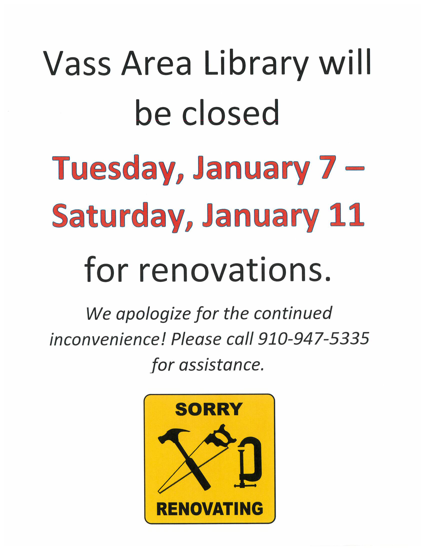 Vass closed Jan 7-11